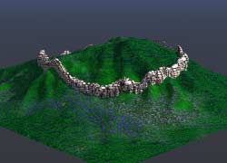 Render; stone wall on green hill