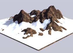 Render, brown mountains poking out of snow