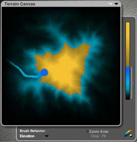 Terrain Canvas; blue terrain, with a ribbon of gully to the left, yellow top (clipping plane)