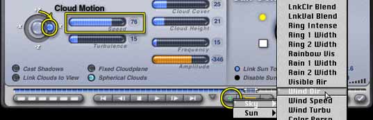 Sky Lab, Cloud tab, showing clockwise motion of direction slider, and speed slider, with Wind Dir menu