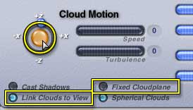 Sky Lab, Cloud tab; clicking on cloud motion button, which is amber