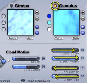 Sky Lab, Cloud tab; Enable Cumulus button checked, Cloud cover and height sliders move right, Frequency and Amplitude sliders move left