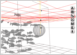 Wireframe; fish and sphere, terrain above them