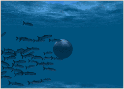 Render; fish swimming past sphere, water surface above them