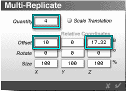 Multireplicate Dialog; 4 copies, X offset 10 B, Z offset 17.32 B