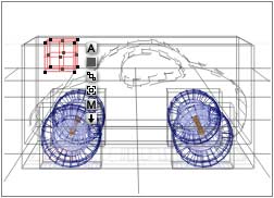 Wireframe; car with cube above the hood