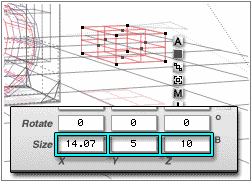 Wireframe, Pillar Top cube, Object Attributes Size X 14.07, Y 5, Z 10