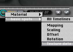 Material Lab, Animation Controls, Keyframe menu; Basic spots submenu, with Texture Data highlighted