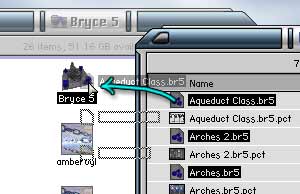 Batch rendering by dragging scene icons onto the Bryce icon.