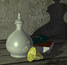 Bottle appears to be made of ceramics, bell is too bright