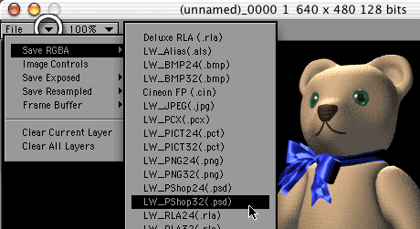 Click the File button, and Choose Save RGBA and the Format from the menus.