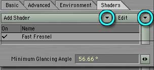 On the Shaders tab, click on the Add Shader flippy and choose Fast Fresnel from the list.