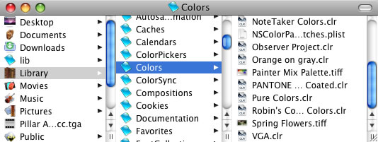 Color Palettes are stored in Your Home / Library / Colors
