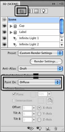 The Scene pane of the 3D Panel lets you choose to Paint On a texture mode