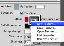 To Create or Remove a Texture, use the Menu on the Button in the Material Pane of the 3D Panel