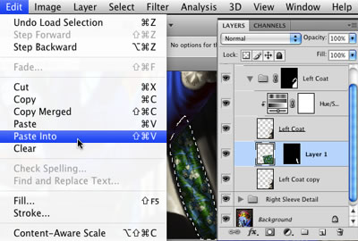 Edit > Paste Into pastes into a selection by making a mask on the new layer.