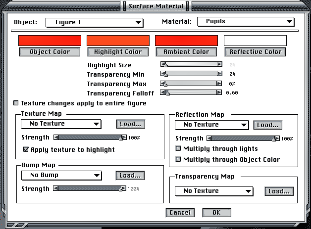 Surface Material Dialog, Pupil material.