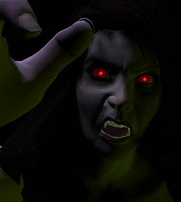 Vampire Vickie, with glowing red eyes.