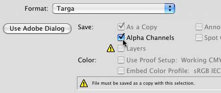Choose Targa from the Format Drop Down menu. Make sure that the Alpha Channels box, below that, has a checkmark in it.