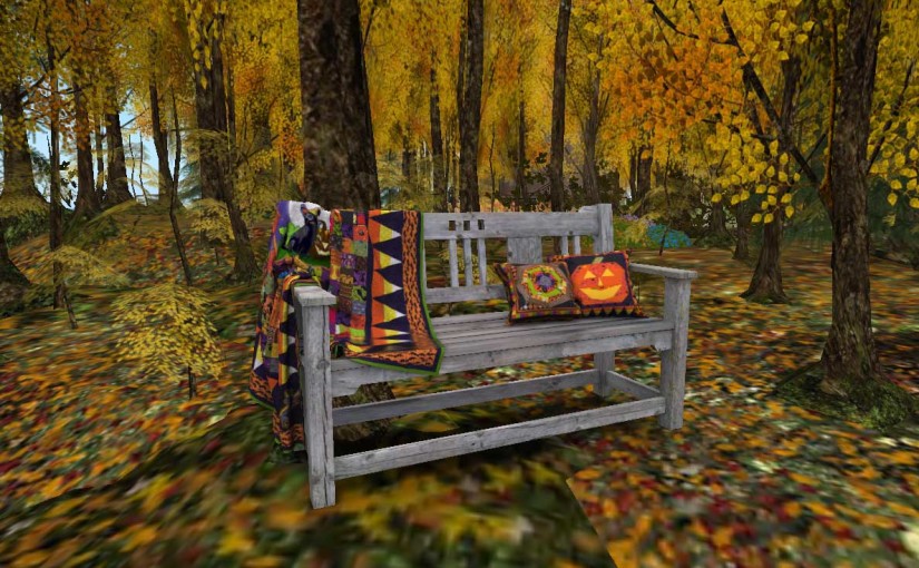 Draped Garden bench with Halloween Jack Quilt in Second Life