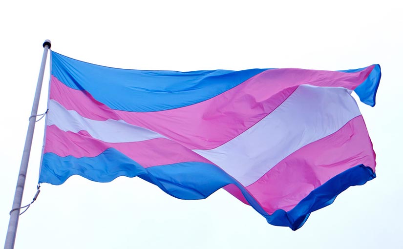 Transgender Pride flag, blowing in the wind.